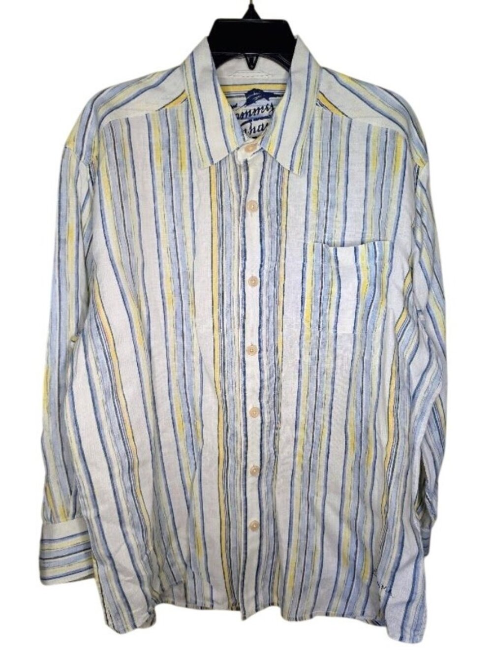 Tommy Bahama 100% Linen Shirt Men's Large Blue Yellow Stripe Button Front Relax